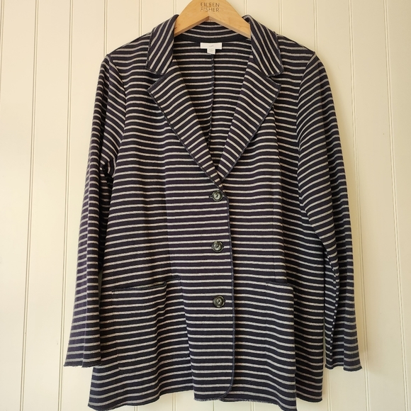 🆕 J. Jill Notched Collar Single Breasted Navy Striped Cotton Blend Blazer~L - Picture 2 of 13
